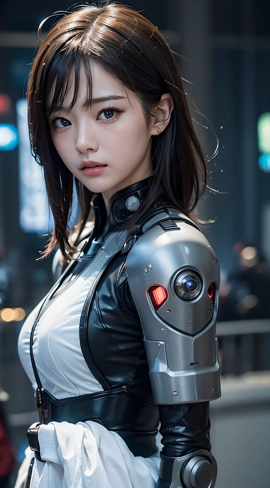 (a closeup:1.4)、(Raw photography:1.2)、(Photorealsitic:1.4)、(masterpiece:1.3)、(top-quality:1.4)、Woman standing in front of a group of robots、beautiful android woman、Beautiful Female Soldier、Girl in suit、complex combat uniform、beautiful young japanese woman、Highly detailed facial and skin texture、A detailed eye、二重まぶた、cute face、angry expressions、Storms and epic war scenes、cyberpunk scene、Night、illuminations、