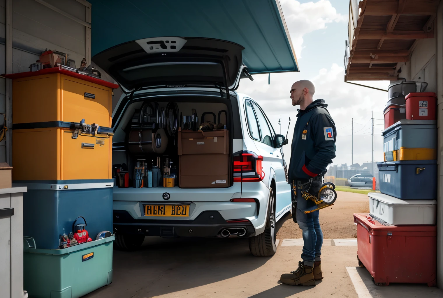 Homem moreno claro, cabelo careca , Altura 1,90, magro, Mechanicalgirl, he has wrenches in one hand, ea outra uma chave de fenda , next to the toolbox and behind him two cars, a BMW and a Ferrari , roupas verdes escrito instrutor.