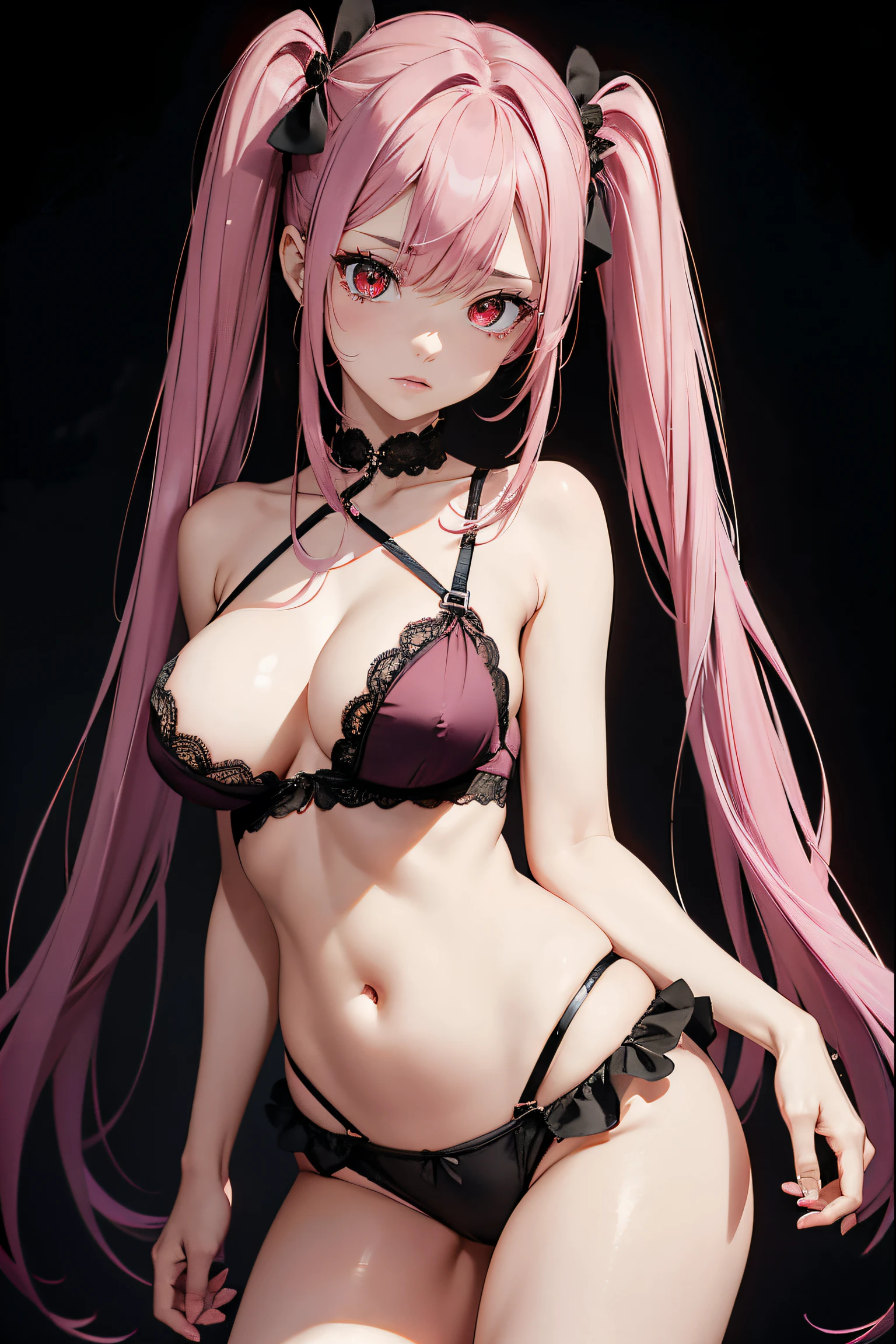 (woman, wearing revealing black laced underwear, wearing lacy bra, standing, black background:0.9), (long pink hair, pig tails), (full body:0.8), ((torso)), perfect fingers, wide shot:0.7, expressive ruby red eyes, medium breasts, centered:0.5, tears from eye:0.5, looking at viewer