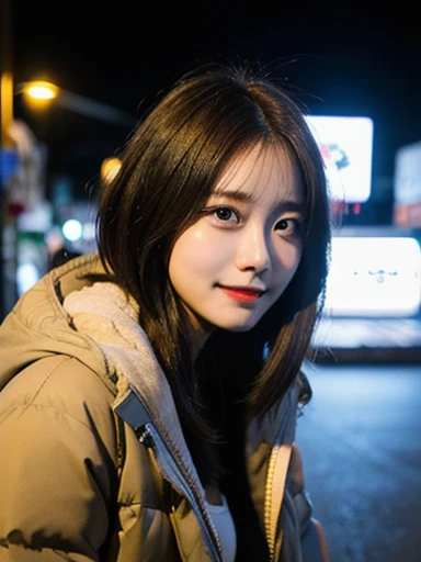 (masterpiece, best quality, photo realistic, official art:1.4), (UHD, 8K quality wallpaper, High resolution, raw photo, film grain:1.2), (shiny skin), professional lighting, physically-based rendering, Award-winning, highly detailed skin, (extremely detailed face and eyes, clear pupils), Carl Zeiss 85 mm F/1.4, depth of field, BREAK, 1girl, solo, kawaii 24-year-old Korean girl, (Nogizaka idol:0.7), (Korean idol:0.9), (glossy brown straight hair, short bob cut, forehead:1.3), rounded face, single eyelid, (soft smiling, closed mouth:1.3), (wearing thick down parka:1.3), (skinny jeans, sneakers:0.7), (breasts emphasized, well shaped medium breasts:0.8), (looking at viewer), BREAK, at a street in Seoul, winter night, moonlight, (seductive posing, dynamic angle:1.3), upper body shot,
