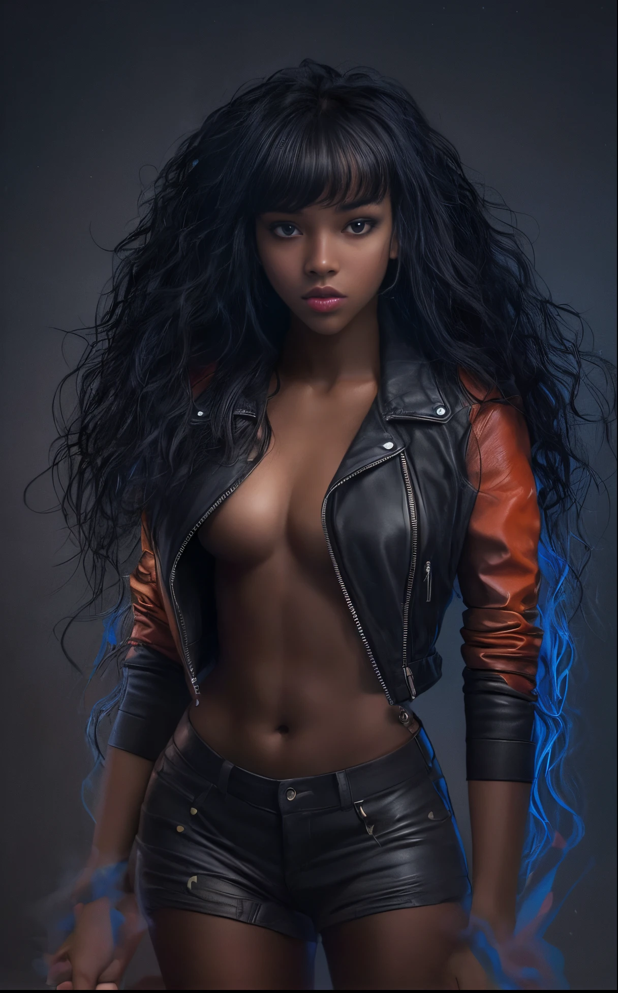 (best quality,8k,ultra-detailed,realistic), extremely detailed photo of a (((20 year old))), black girl, (((full body pose))), long black hair with bangs, open leather jacket covering nipples no shirt no bra, black pantyhose, vivid colors