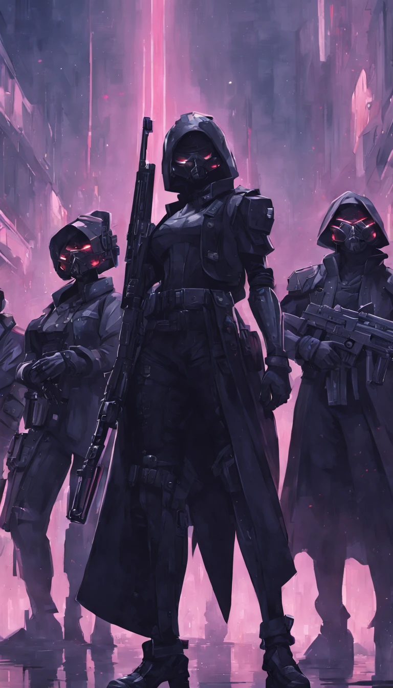A cinematic scene, a group of rebels, dressed in black,brandishing weapons of the future, Confront powerful corporations or government agencies, detailedbackground, tmasterpiece, Best quality at best, high qulity, A high resolution, absurd res, cyber punk perssonage
