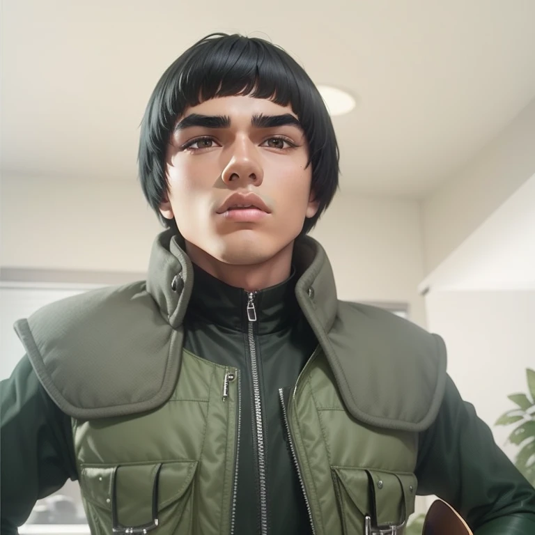 young man, tanned skin, black bowl cut hair, thick black eyebrows, round black eyes, big lips, forest green clothes, Might Guy, realistic, 3d