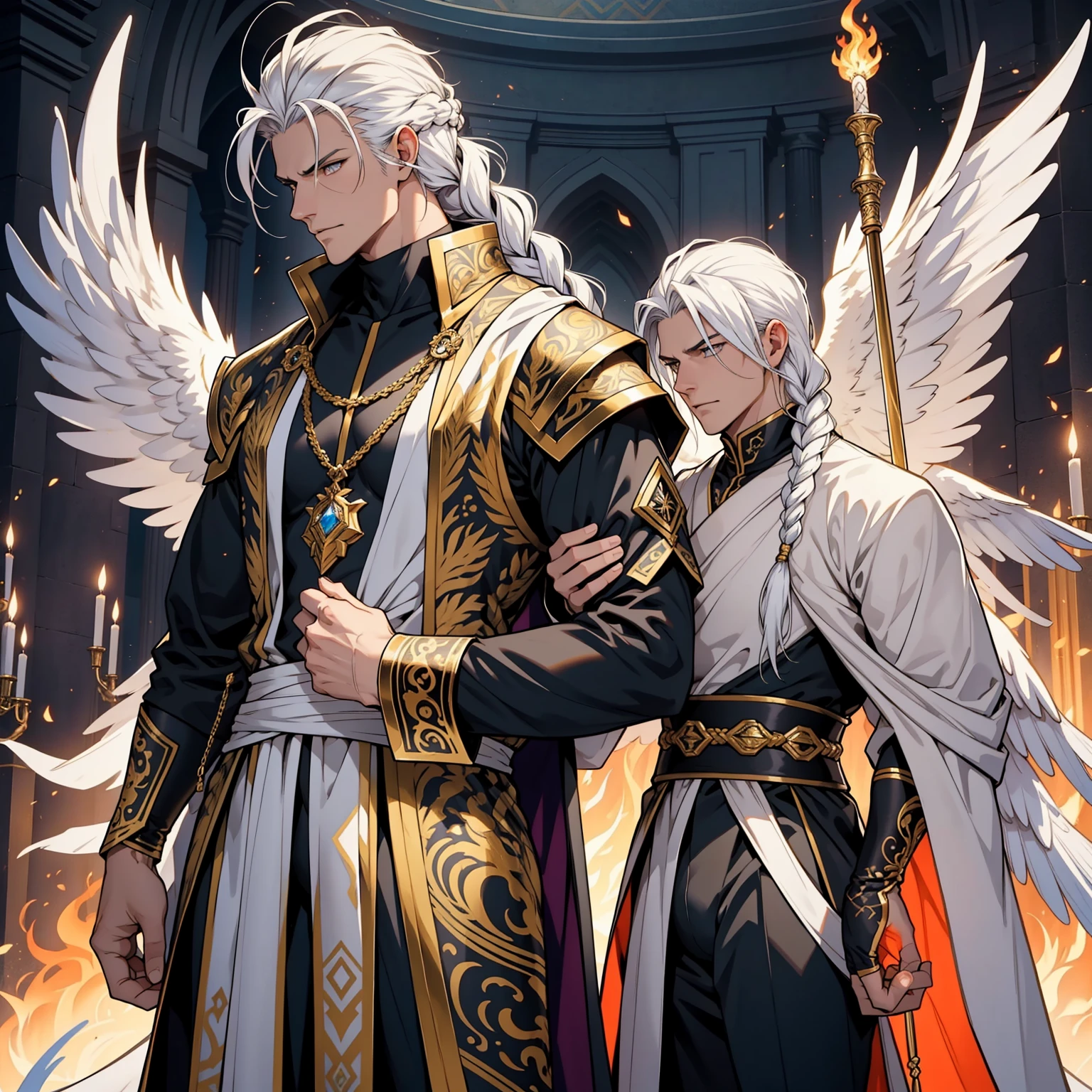Caius is a handsome male, stands at 7ft tall. He has an athletic body structure. He wears royal attire thats silver and gold. He has beautiful long white silky hair and a golden eye color. He is seen with a staff. He has huge white wings. A big bulge in his pants. White Phoenix human form. His hair is braided back. Bara. Roman nose. Muscular. Defined jawline. White flames. White fire. Palace