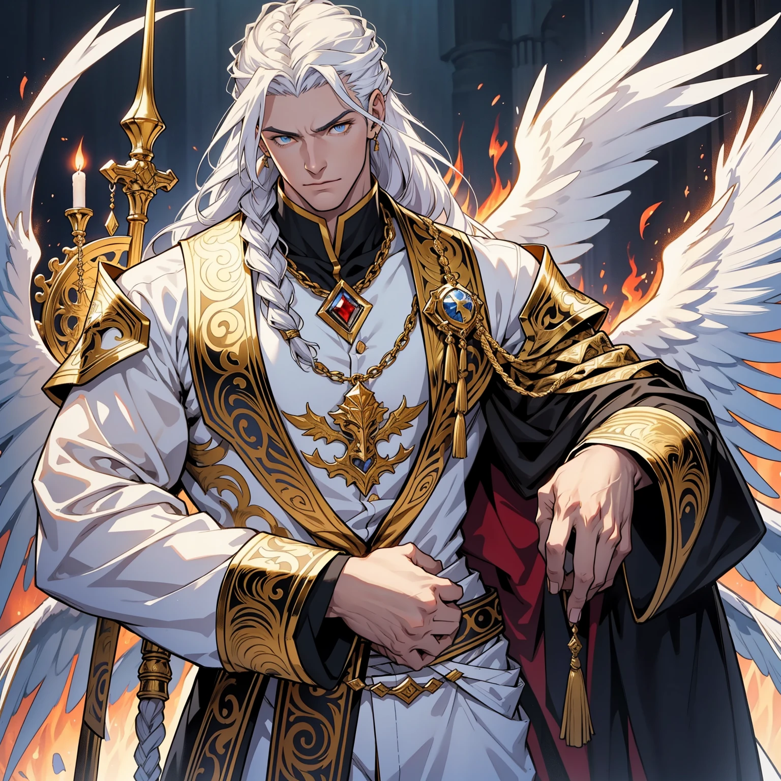 Caius is a handsome male, standing at 7 ft tall, he wears gold and white royal attire. His hair is long and white braided to the side. His eyes are golden brown. He has huge white wings. White Phoenix human form. Big bulge in pants. Detailed hands. Detailed body. Muscular male. He wears white clothes and holds a staff