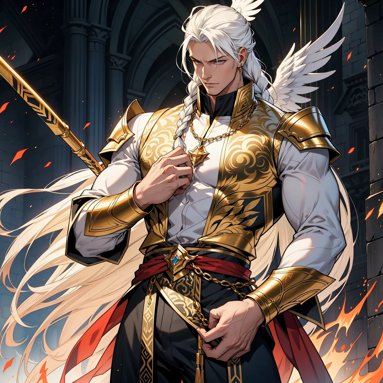 Caius is a handsome male, stands at 7ft tall. He has an athletic body structure. He wears royal attire thats silver and gold. He has beautiful long white silky hair and a golden eye color. He is seen with a staff. He has huge white wings. A big bulge in his pants. White Phoenix human form. His hair is braided back. Bara. Roman nose. Muscular. Defined jawline. Palace