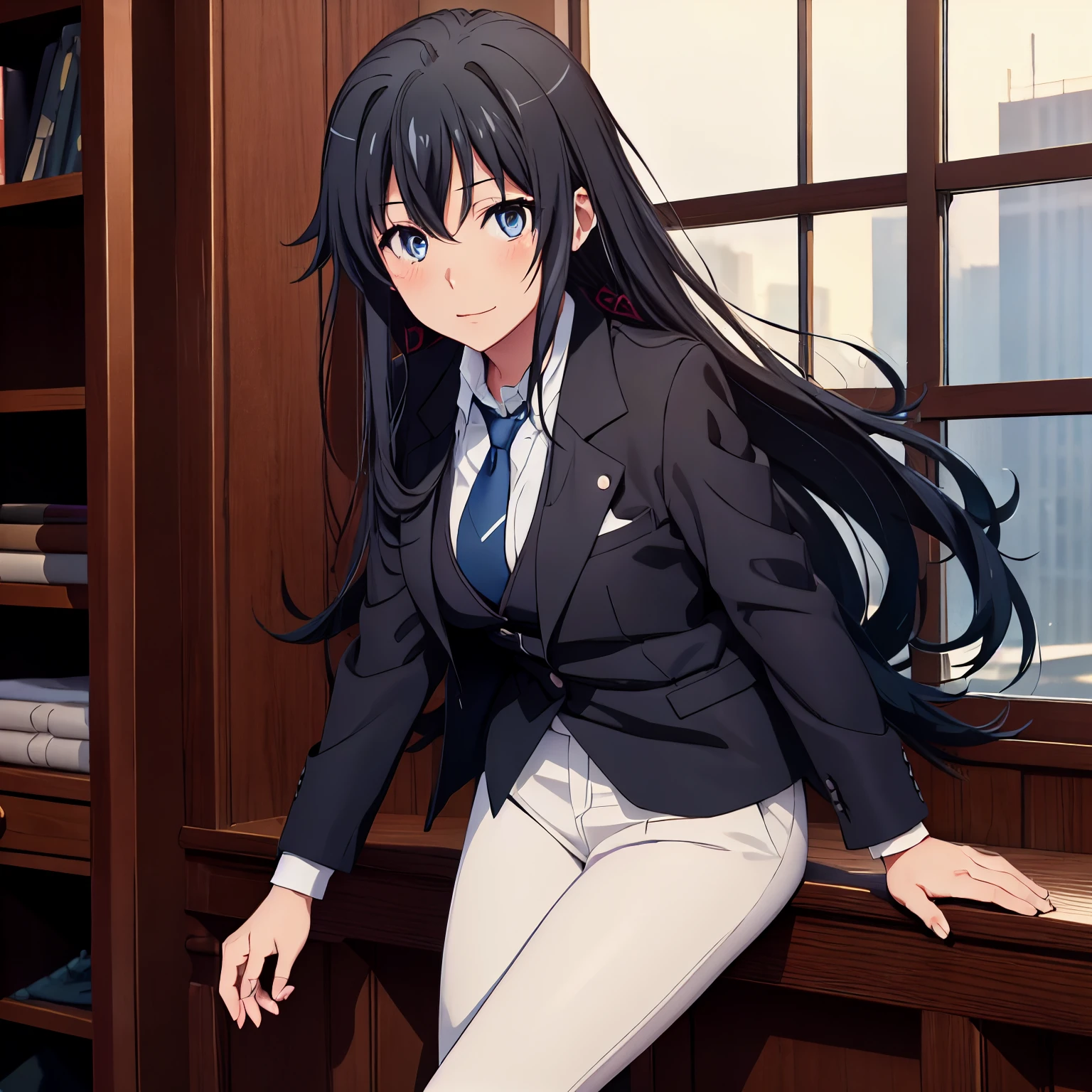 1GIRL , Yukinoshita yukino , Yukinoshita yukino,woman in formal attireactive suit tuxedo tailcoat standing in a large alcove in the room, 1girl, solo, necktie, black hair, blue eyes, long hair, smile, jacket, looking at viewer, shirt, pants, blue necktie, collared shirt, white pants, white shirt, indoors, bangs, long sleeves, closed mouth, window, black jacket, blush, cowboy shot, formal, suit, full body