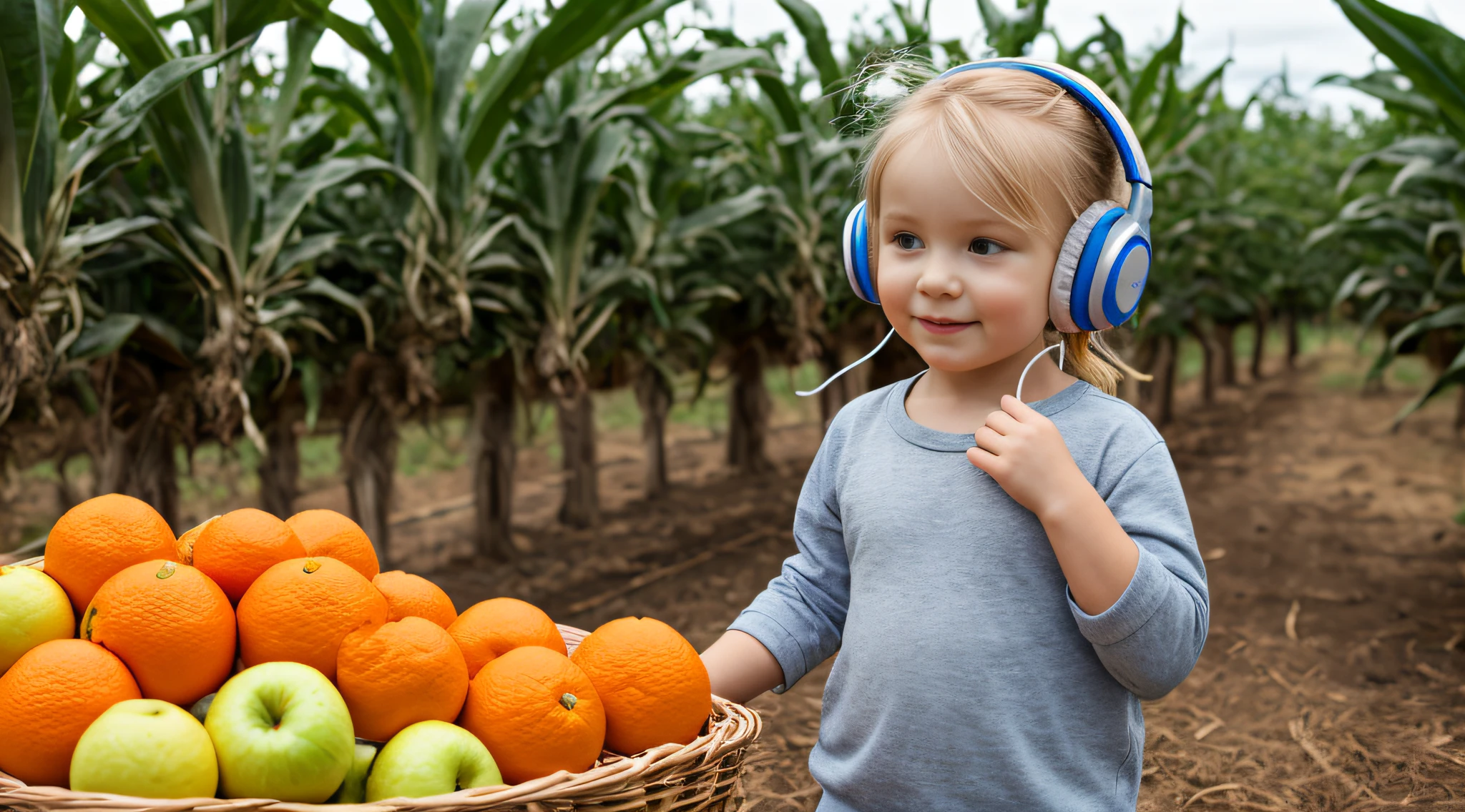 fazenda, Laranjas, elma , milho, CHILD GIRL BLONDE LONG HAIR, Headphone.