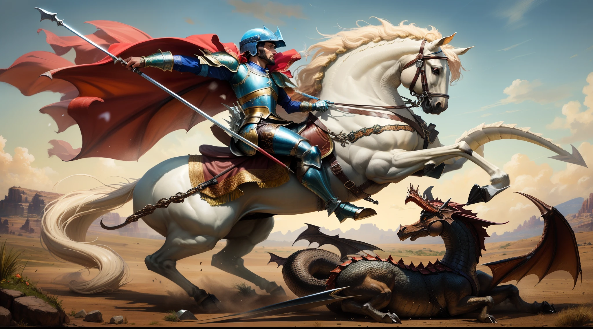 painting of a knight riding a horse with a dragon and a dragon, battle with dragon, pintura renascentista de um cavaleiro, Directed by: Brian Despain, Jesus riding a dragon, pintura de um cavaleiro, cavaleiro a cavalo, cavalo, Michael Cavalo (Motor irreal, arte de fantasia medieval, caracol vs cavaleiro, Adriano Borda, dragon rider, luis ricardo falero