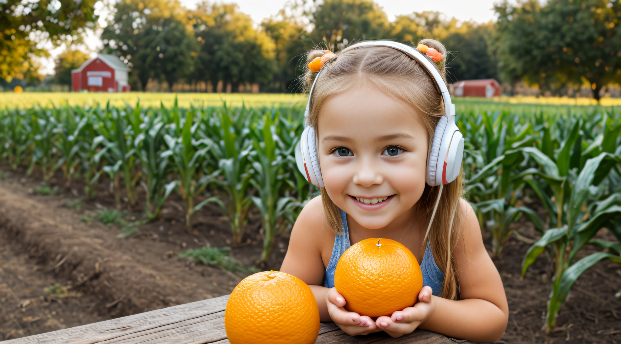 fazenda, Laranjas, elma , milho, CHILD GIRL BLONDE LONG HAIR, Headphone.
