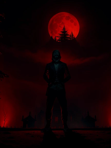 (a haunted mansion in the background), (haunted forest), (red moon), (red light), (professional lighting), (dramatic), (horror ambiance).