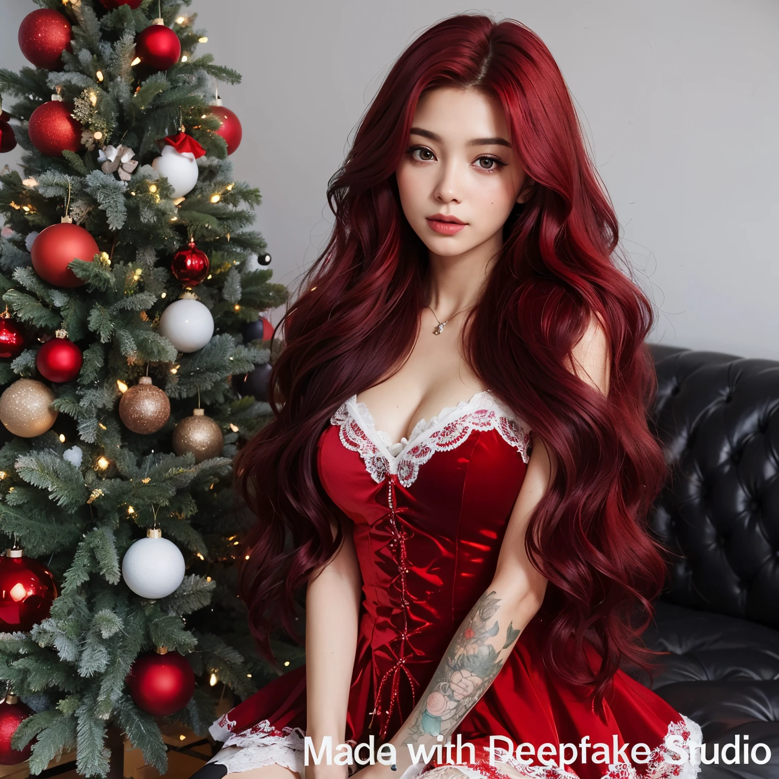 Arafed woman in a red dress sitting next to a Christmas tree, Cabello largo y ondulado rojo, con el pelo largo y rojo, Cabello largo y ondulado de color rojo, Cabello rojo largo y suelto, pelo largo rojo, cabello rojo hasta la cintura, con cabello rojo rizado, Pelo largo rizado de color rojo, Pelo largo y rojo, long crimson hair, peluca roja, muy largo y ondulado cabello rojo fuego