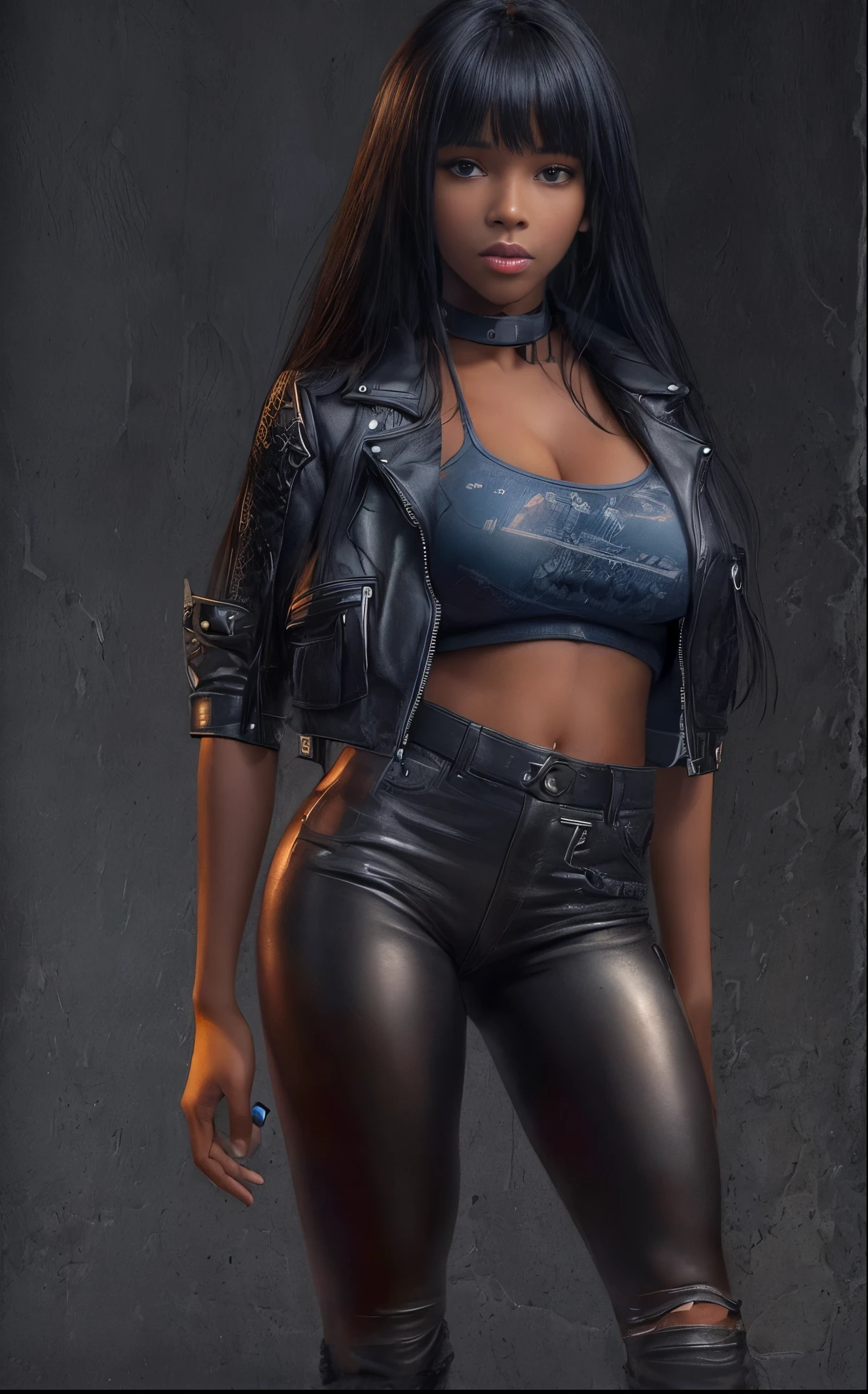 (best quality,8k,ultra-detailed,realistic), extremely detailed photo of a (((20 year old))), black girl, (((full body pose))), long black hair with bangs, open leather jacket covering nipples no shirt no bra, black pantyhose, vivid colors