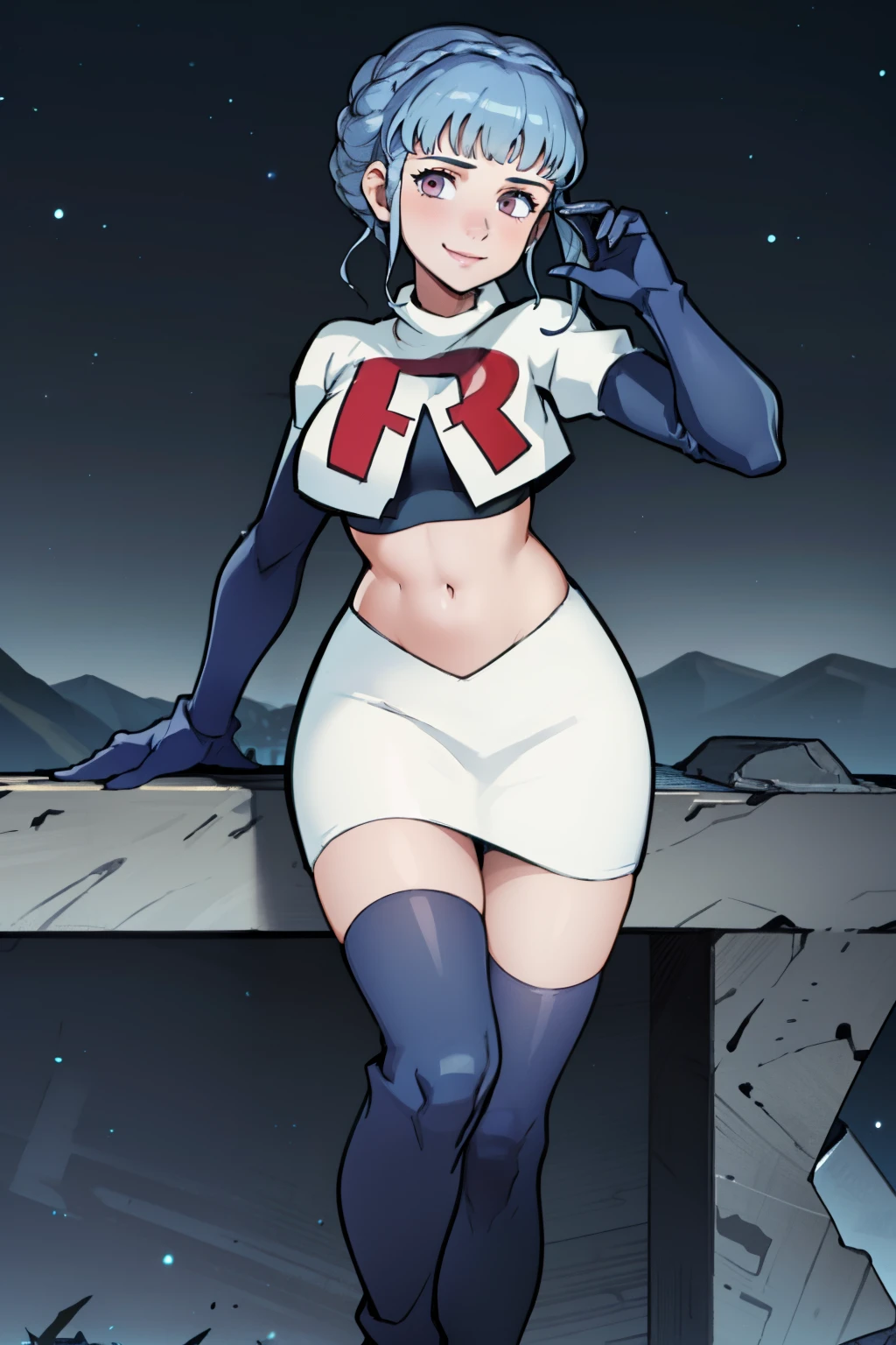 2girls, multiple girls, marianne von edmund, Hilda, team rocket uniform, red letter R, white skirt,white crop top,black thigh-high boots, black elbow gloves, smile, looking at viewer, cowboy shot, sexy pose, night sky background, side by side