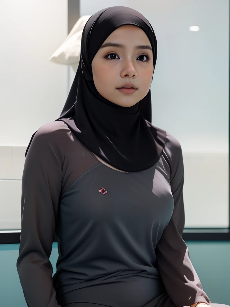 HIJAB MALAY GIRL, masutepiece, High quality, UHD 32K, Realistic face, Realistic skin feeling , A Japanese Lady, 8 years old, Little Girl, Very cute and baby-like face, Women's Competition One-Piece Swimsuit, Sitting, itting open legs, Spread Leg, (((facials))), (((Sadness))), (((flat chest))),