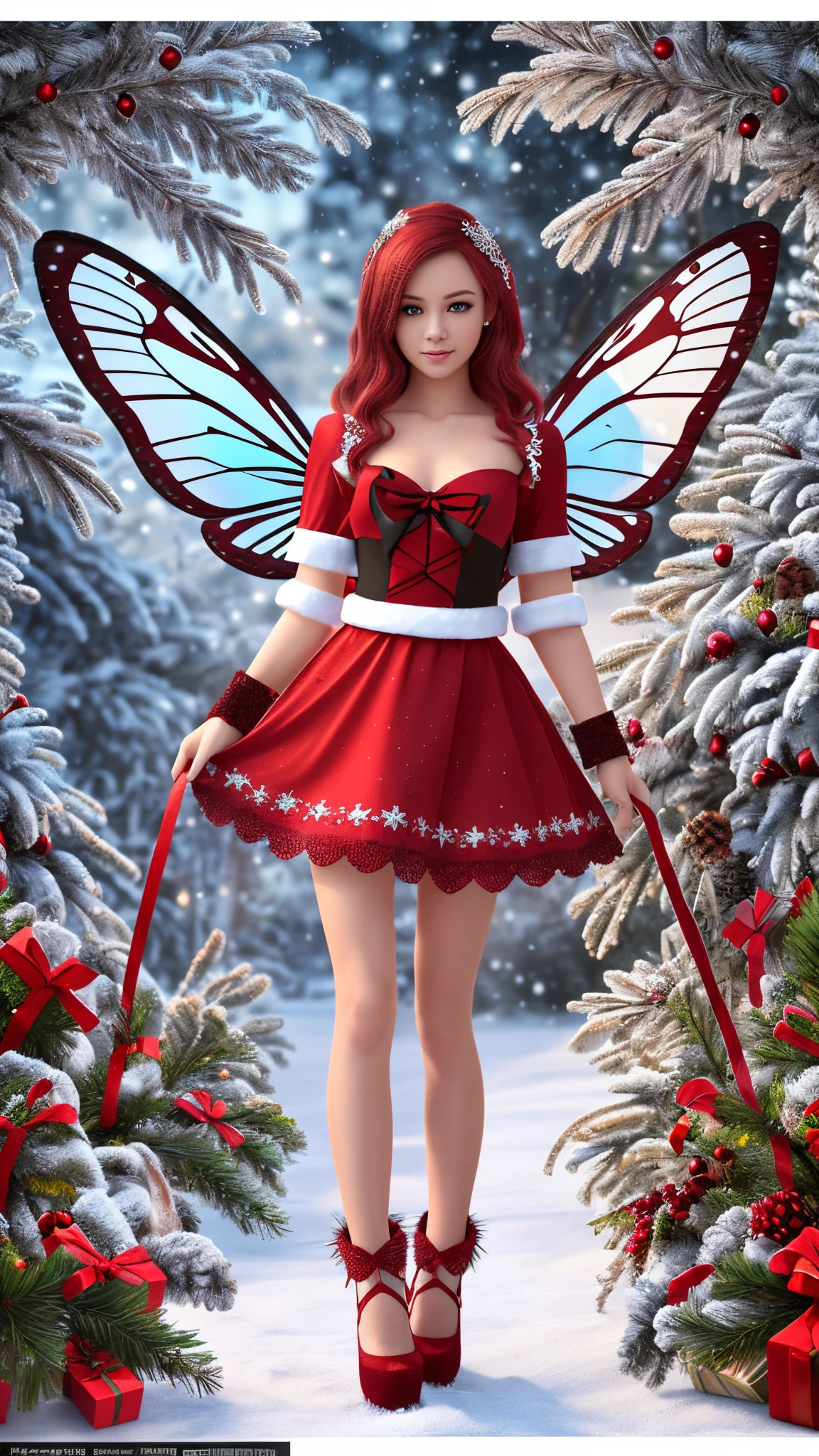 fairy with butterfly wings full body red hair Girl extreme beauty In ((Christmas Outfit)) Outside in the hills ((Skinny Petite)), Photorealistic Photo Masterpiece Realistic Realism Photorealism High Contrast Photorealistic Digital Art Trending in Artstation 8k HD High Definition Detailed Detailed Skin Texture Hyper-Detailed Realistic Skin Texture Armor Best Quality Ultra High Resolution, (Photorealistic: 1.4), High Resolution --auto --s2