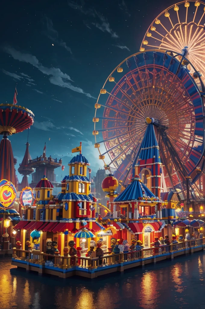 (16k, best quality, masterpiece:1.2),(constructed a gravity free carnival theme park)(out of lego blocks)( the wildest craziest your imagination has ever seen)digital painting, trending on artstation, award winning fantasy art, rides lots of rides, loop the loop, fireworks, explosive fantasy Background, Cosmic Entity