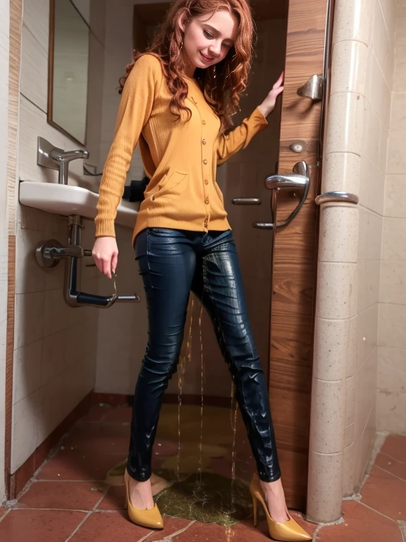 woman, curly red hair, blue eyes, tan pantsuit, white blouse, black heels, show heels, inviting smile, ((wet hair)), pants legs are soaked in pee, pee stain, pee stain dark in color