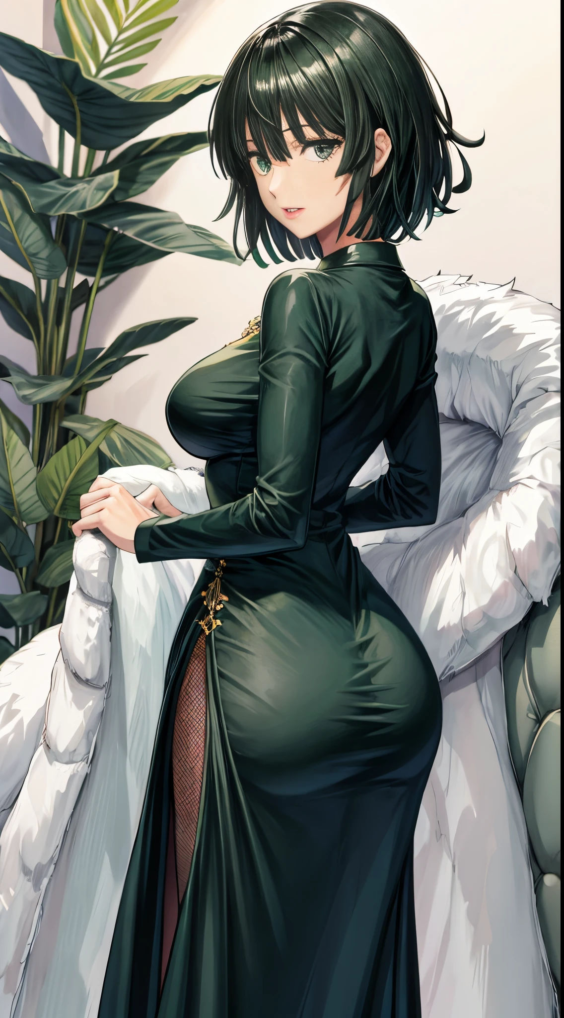 Uma mulher em um vestido verde sentado em uma prateleira,Fubuki de Um Soco Homem, Menina bonita do anime agachado, Fubuki, thicc, Ela usa um vestido verde escuro, Fubuki, peeping from behind, Postura das costas, Total growth behind, Growing from behind, Menina anime sedutora, mulher anime