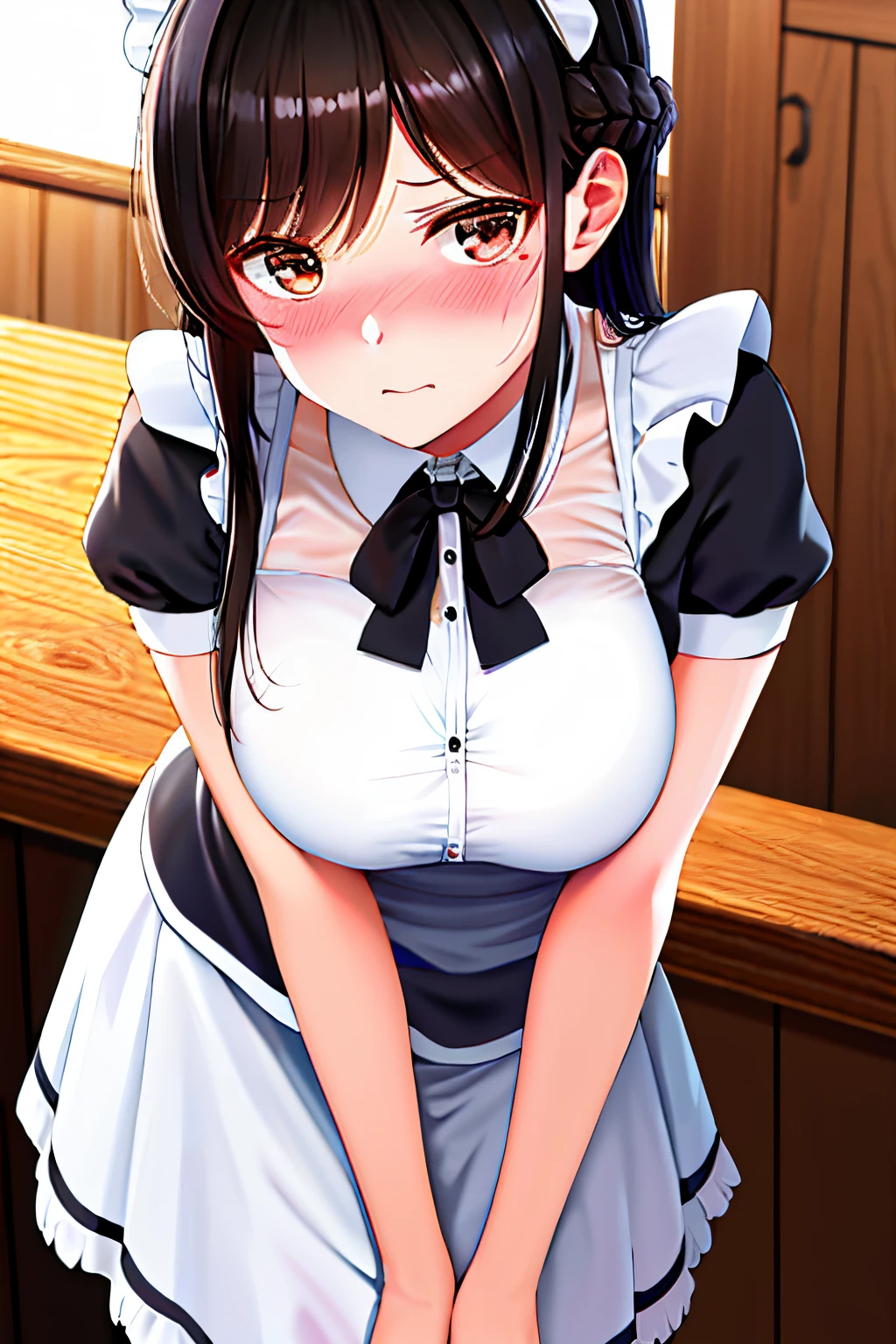 hight resolution, Breast Focus, Cowboy Shot, Looking at Viewer, cafes, Curve, Black hair, Middle hair, embarrassed,blush,medium breasts,(Maid ①),(((Maid ②))), Leaning forward,bent down,