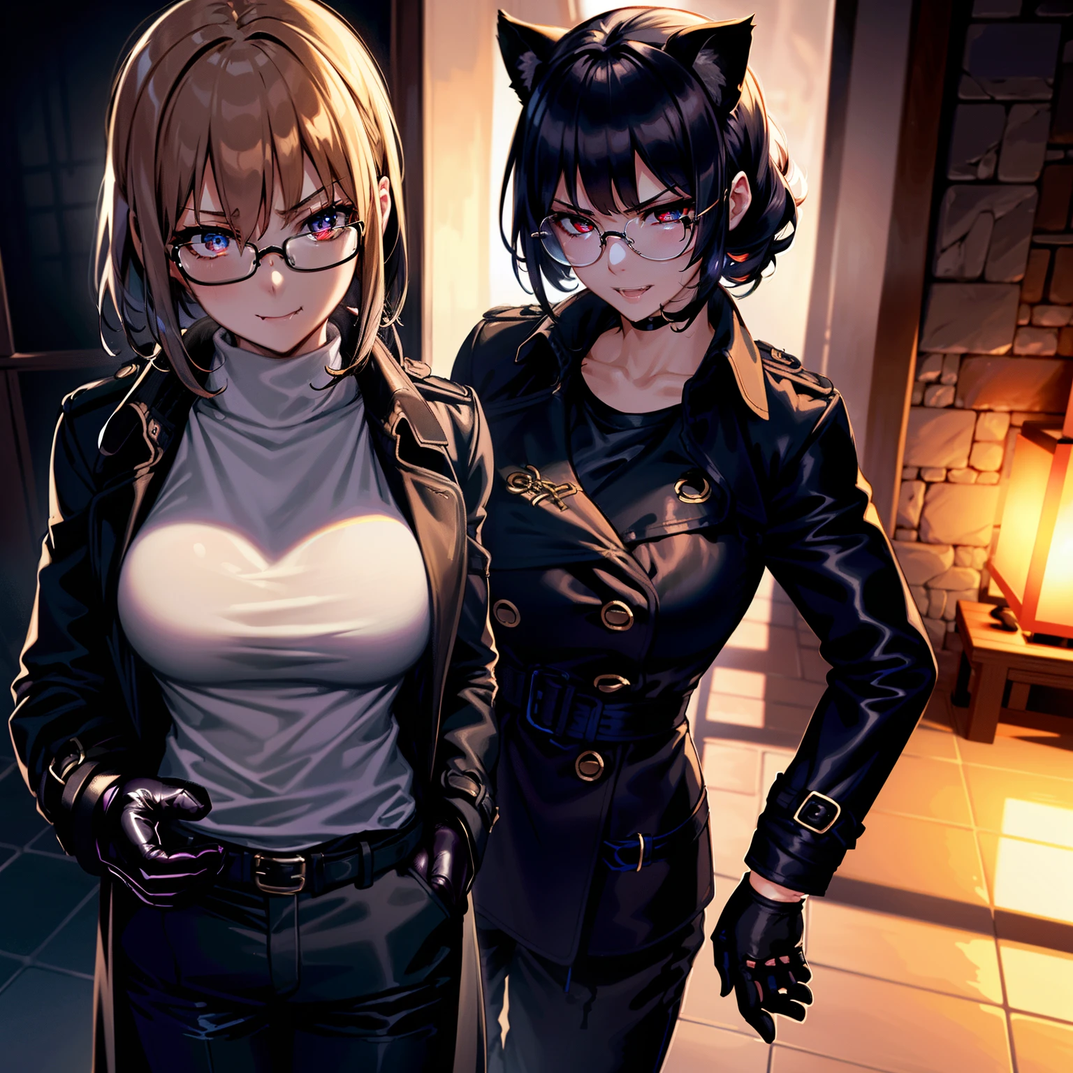 (High Resolution, Best Quality, Masterpiece) Detail, intricate detials, 1female, ((独奏 _Focused)), Single, a one woman, physically fit, Curvy, pale skin, Vampire, Fierce expression on his face, dark eyes, (A detailed eye), Red_Framed eyes, pointed fangs, black hair, Short hair, full - body, human hands, ((Detailed hands)), ((Index fingers)), Medium Breast, Beautiful, Cute, a dark aura surrounds her, (topwear:(((Shirt:black, trench_coat:black)), Hand Clothes:((Mittens), bottomwear:(pants:Blue))))), dripping blood, glasses on top of head, dark tinted glasses, Grinning, Cheeky expression on his face, menacing, blood splash