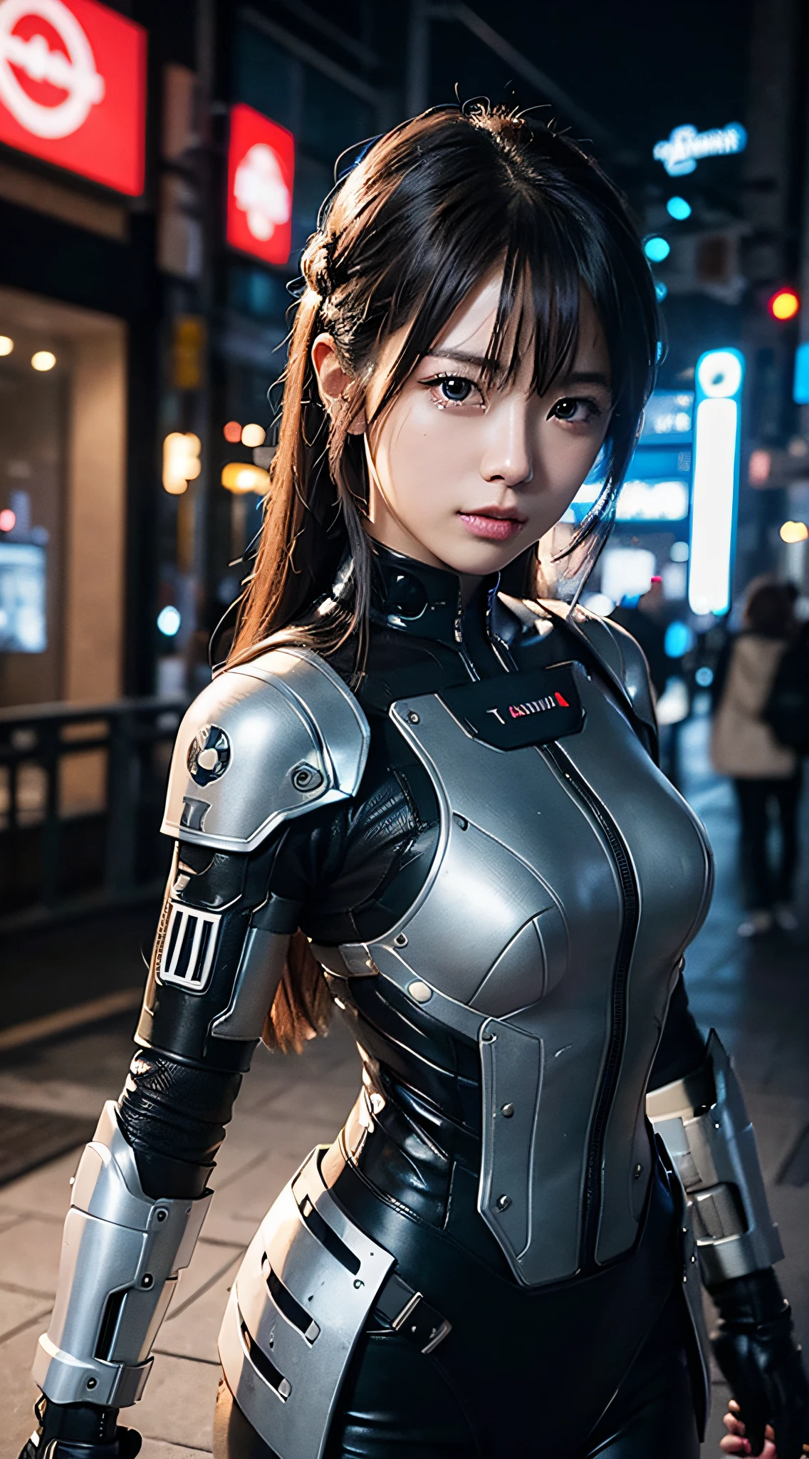 (a closeup:1.4)、(Raw photography:1.2)、(Photorealsitic:1.4)、(​masterpiece:1.3)、(top-quality:1.4)、Woman standing in front of a group of robots、beautiful android woman、Beautiful Female Soldier、Girl in suit、complex combat uniform、beautiful young  japanese woman、Highly detailed facial and skin texture、A detailed eye、二重まぶた、cute  face、angry expressions、Storms and epic war scenes、cyberpunk scene、Night、illuminations、
