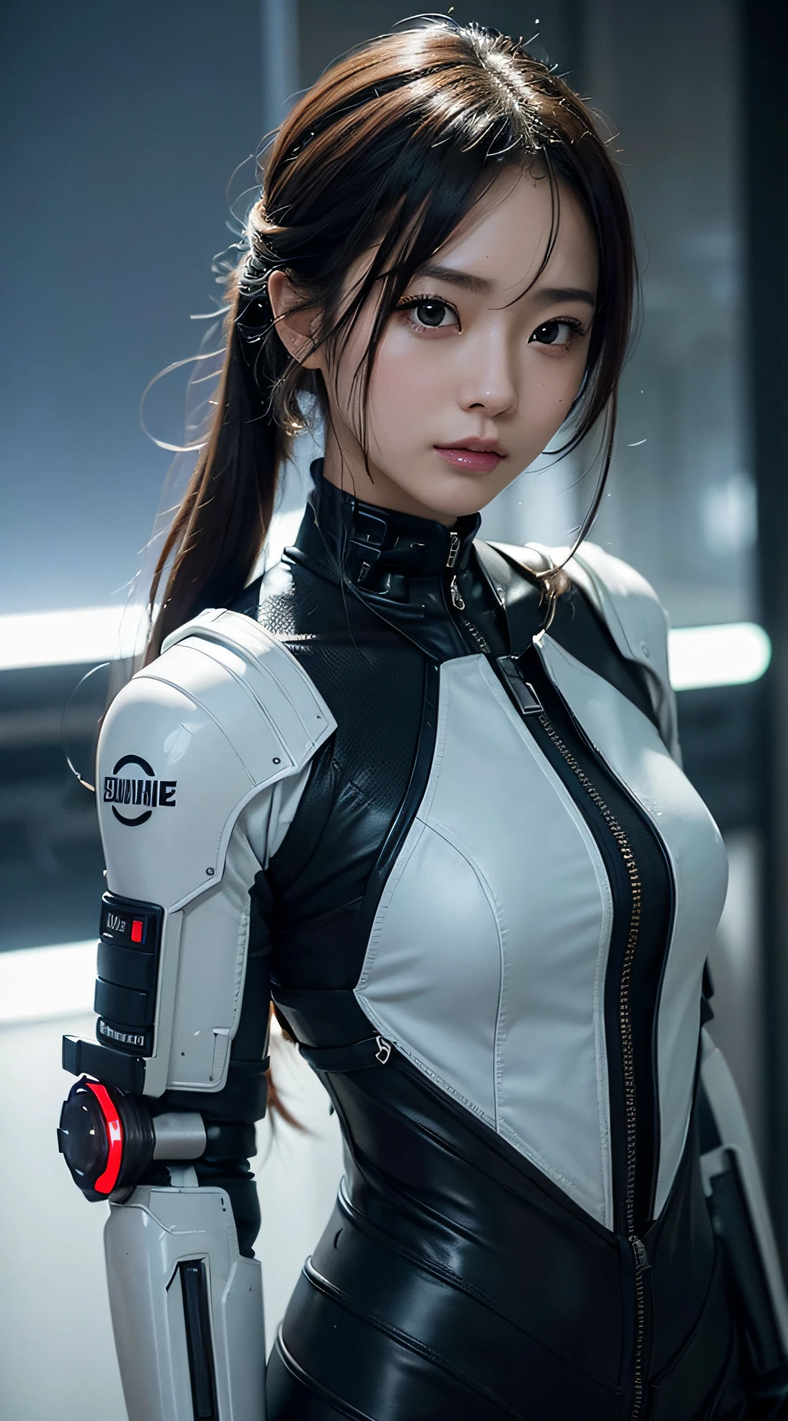 (a closeup:1.4)、(Raw photography:1.2)、(Photorealsitic:1.4)、(​masterpiece:1.3)、(top-quality:1.4)、Woman standing in front of a group of robots、beautiful android woman、Beautiful Female Soldier、Girl in suit、complex combat uniform、beautiful young  japanese woman、Highly detailed facial and skin texture、A detailed eye、二重まぶた、cute  face、angry expressions、Storms and epic war scenes、cyberpunk scene、Night、illuminations、