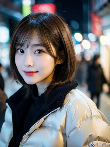 (masterpiece, best quality, photo realistic, official art:1.4), (UHD, 8K quality wallpaper, High resolution, raw photo, film grain:1.2), (shiny skin), professional lighting, physically-based rendering, Award-winning, highly detailed skin, (extremely detailed face and eyes, clear pupils), Carl Zeiss 85 mm F/1.4, depth of field, BREAK, 1girl, solo, kawaii 24-year-old Korean girl, (Nogizaka idol:0.7), (Korean idol:0.9), (glossy straight brown hair, pixie cut, bangs:1.3), rounded face, single eyelid, (soft smiling, closed mouth:1.3), (wearing thick down jacket:1.3), (skinny jeans, sneakers:0.7), (breasts emphasized, well shaped medium breasts:0.8), (looking at viewer), BREAK, at a street in Seoul, winter night, moonlight, (seductive posing, dynamic angle:1.3), upper body shot,