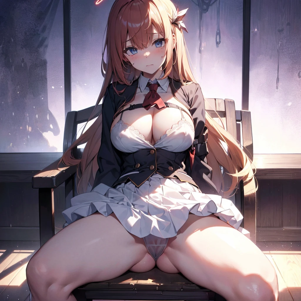 (Wearing Head mount display:1.5, translucent glass vr display, sitting on tortures chair , m-shaped spreading legs:1.5, raise up legs, splash pussy, nipples in cloth, soft skin, torture , laboratory, cybernetic background , wet, sweat, waterdrop, sexy red tattoos), (enormous gigantic huge round breasts:1.5, sexy, middle hips, cleavage, slender), (masterpiece, best quality, ultra detailed), (school uniform, opening blazer, tears, stripe panties,wet shirt, Pecorine),