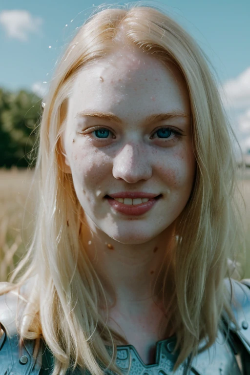 Ultra realistic photography of dbwl woman with many huge beauty marks on her natural pale white skin  ,    (medium shot:1.3) ,  (full body portrait:1.3), 
 (SFW),  (((armor))) , dressed, upper arms,   ((in frame)),

 ((fighting stance)),  natural (  pale light blonde eyelashes) , blue eyes, medieval background,
 detailed Natural pale white skin  with (many huge round beauty marks) , smile, light pale blonde eyebrows,
 happy, clean cheeks,
detailed, natural light blonde,  outdoors, sunny, high resolution, photograph, RAW photo, [[sexy]]