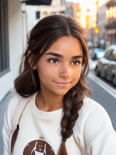 1girl. Tan skin, freckles on nose, freckles on cheeks, dark brown hair, wavy hair, hair braid,, yoga pants, sweatshirt,