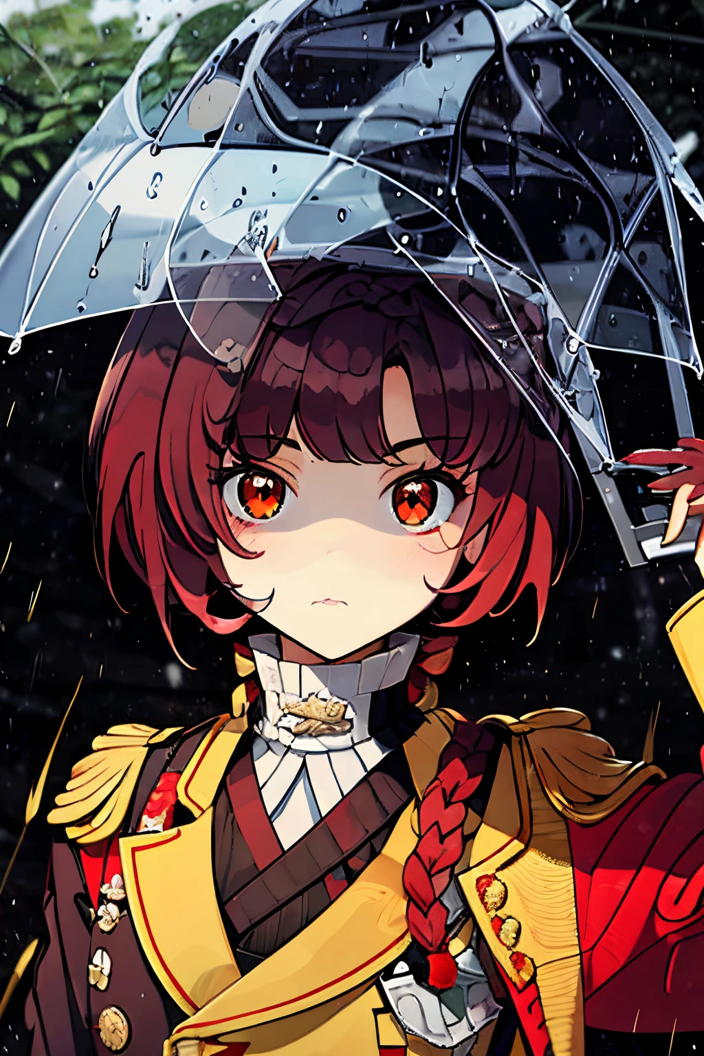 fluffy hair,Red hair,((Braided shorthair)),Slightly red tide,((Gold eyes)),(gloomy rainy meadow),((rifle or handgun)),(Rainy meadow with a warm and modern atmosphere),(Black military uniform),Staring at me, Smile with a kind face, ((drooping eyes)), 9 grids, 9 poses and expressions,