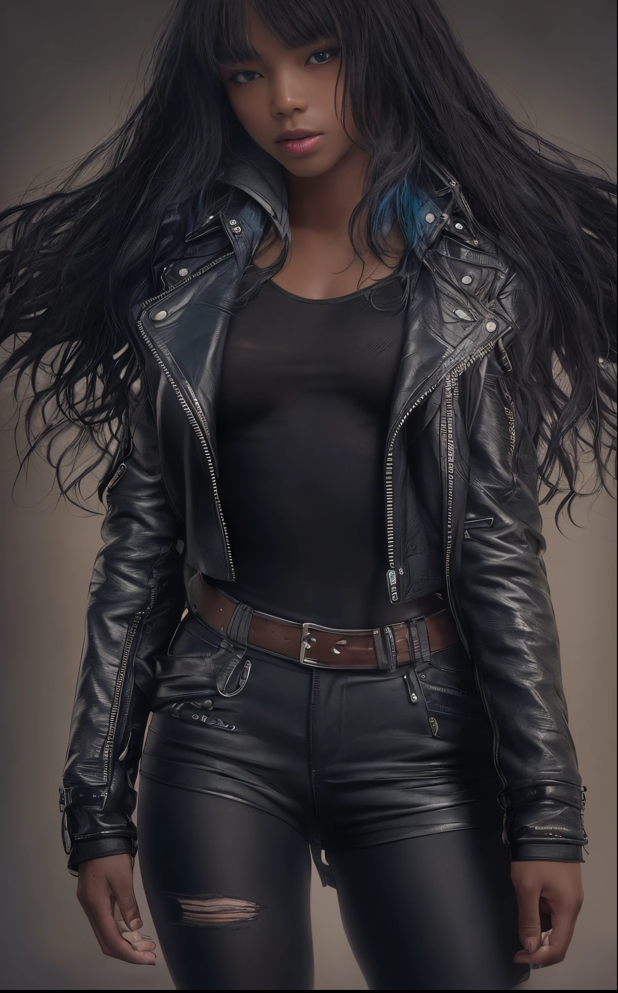 (best quality,8k,ultra-detailed,realistic), extremely detailed photo of a (((20 year old))), black girl, (((full body pose))), long black hair with bangs, open leather jacket covering nipples no shirt no bra, black pantyhose, vivid colors