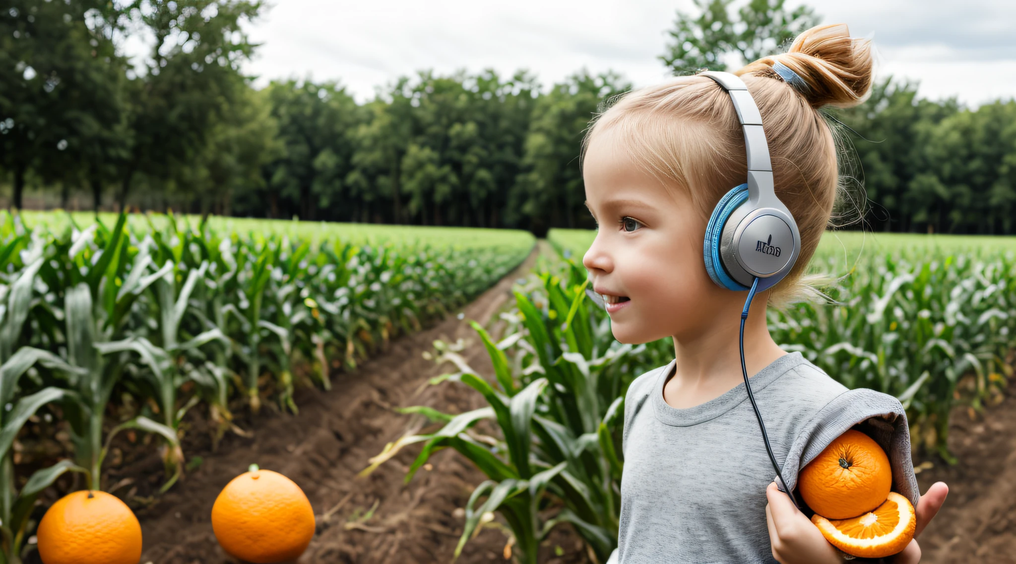 fazenda, Laranjas, milho , CHILD GIRL BLONDE LONG HAIR, Headphone.