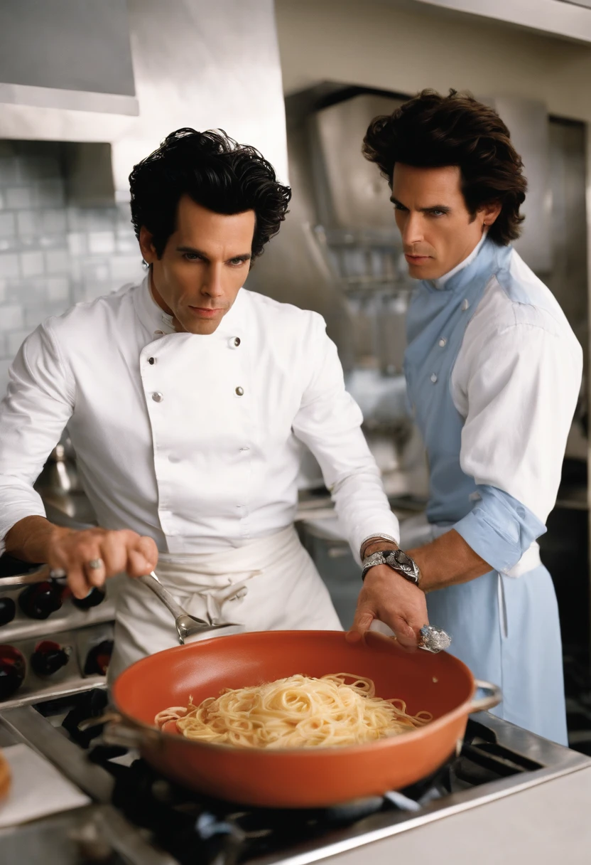 A photo of Derek Zoolander learning to cook pasta with an Italian chef,Zoolander films,Derek Zoolander, the fictional supermodel from the “Zoolander” films, played by Ben Stiller, is known for his distinctive and exaggerated fashion style. He often sports flashy, avant-garde outfits that mirror the over-the-top nature of the fashion industry he represents. Derek’s signature “Blue Steel” look is characterized by his pursed lips and intense, smoldering gaze, which he comically believes to be highly influential and groundbreaking. His well-groomed hair and chiseled facial features contribute to his portrayal as a somewhat clueless yet beloved fashion icon., male