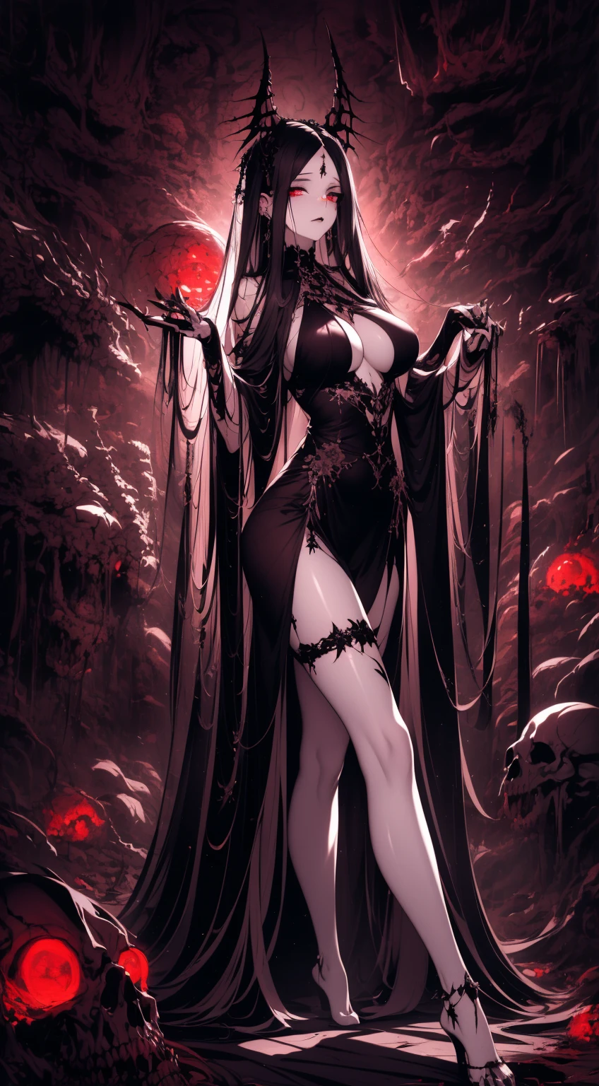 goddess of death and shadow, mysterious and seductive god. Long black hair hanging down to the floor. Woman wearing medieval lace armor, semi transparent, A flowing black robe. darkly, shadowing, arachne. (pale lavender skin), Bruises and exposed bones, (bone). Pale eyes emit a sinister light. big corner. membranous bat wings. sharp fingernails, clawed paws, evilsmile, Eyes flashing with malice. in the fascinating, Nightmare environment, Spider webs all around,Full of bloody atmosphere. Skeletons and skulls are scattered throughout the scene, horror atmosphere. Huge skull and human skeleton, smoke filled cave, afofuturism, sci-fy, ultra - detailed, 8K, Volumetriclighting, concept-art, dramatic lights, hight contrast, Sensual expression, Detailed texture,