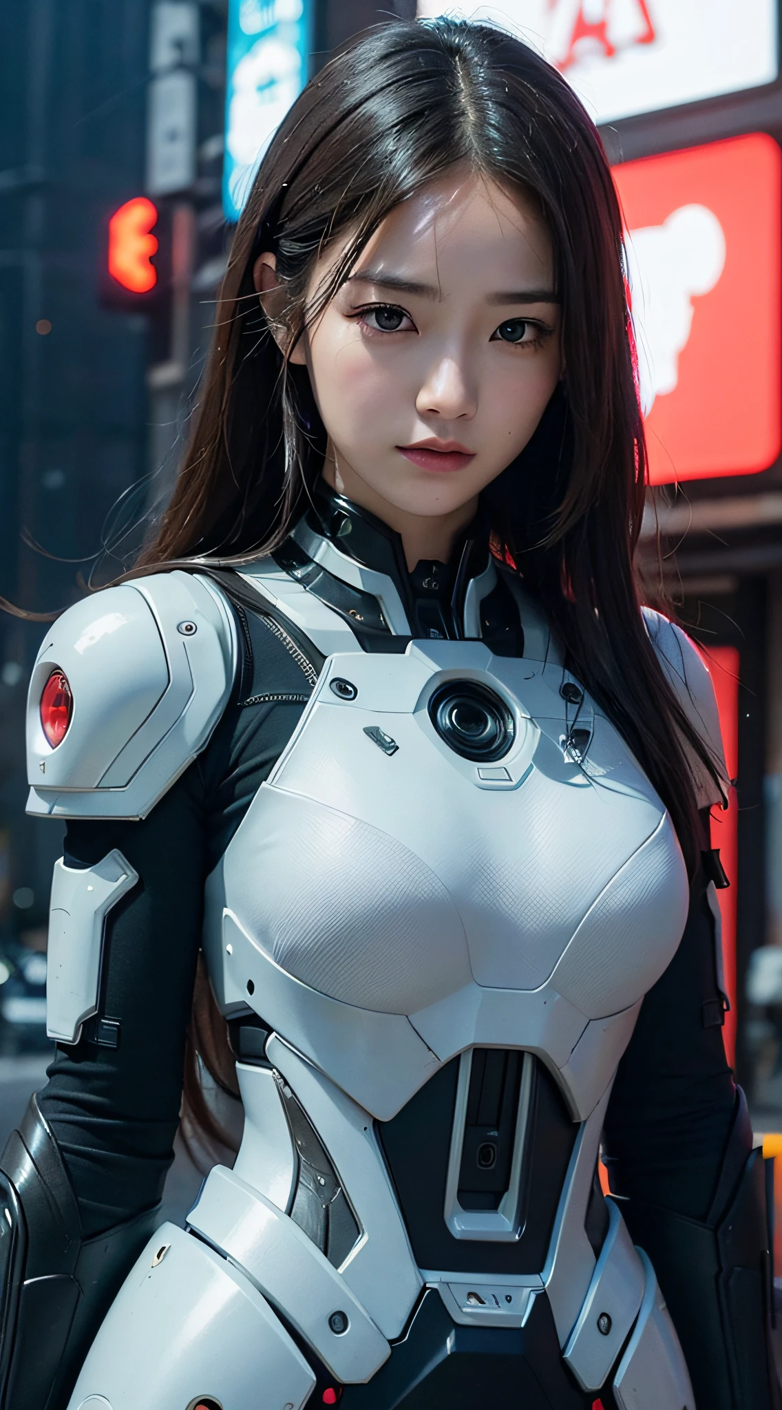 (a closeup:1.4)、(Raw photography:1.2)、(Photorealsitic:1.4)、(masterpiece:1.3)、(top-quality:1.4)、Woman standing in front of a group of robots、beautiful android woman、Beautiful Female Soldier、Girl in suit、complex combat uniform、beautiful young japanese woman、Highly detailed facial and skin texture、A detailed eye、二重まぶた、cute face、angry expressions、Storms and epic war scenes、cyberpunk scene、Night、illuminations、
