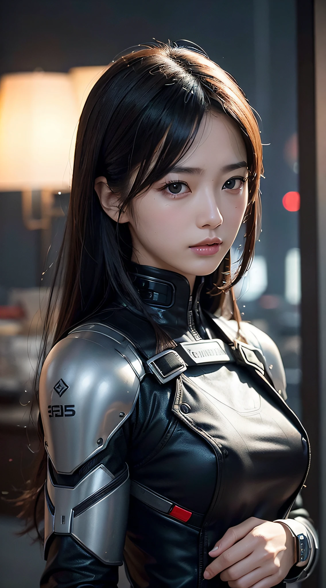 (a closeup:1.4)、(Raw photography:1.2)、(Photorealsitic:1.4)、(masterpiece:1.3)、(top-quality:1.4)、Woman standing in front of a group of robots、beautiful android woman、Beautiful Female Soldier、Girl in suit、complex combat uniform、beautiful young japanese woman、Highly detailed facial and skin texture、A detailed eye、二重まぶた、cute face、angry expressions、Storms and epic war scenes、cyberpunk scene、Night、illuminations、