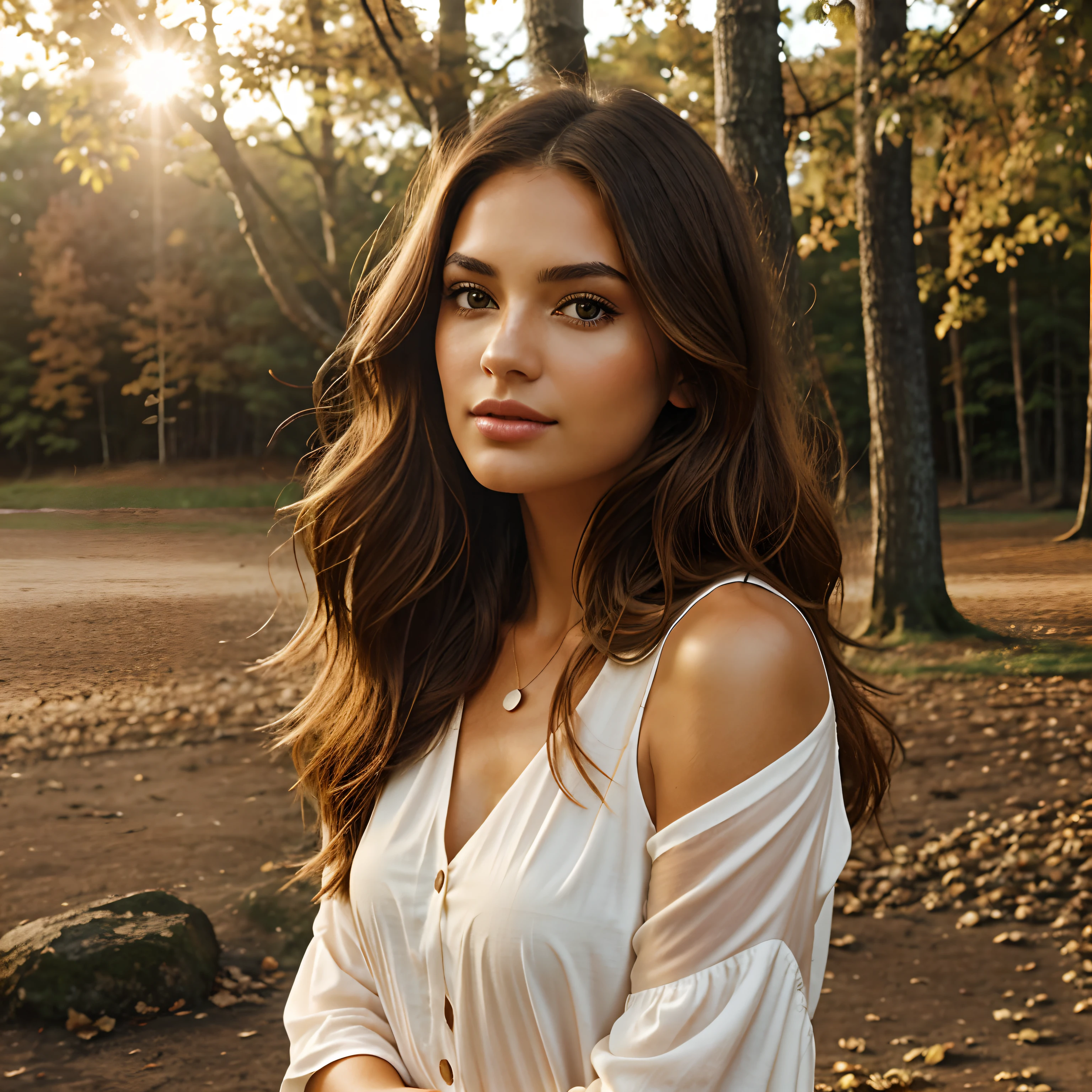 Générez une image photoréaliste de l’automne, Une superbe influenceuse brune, dans un endroit bien éclairé, Cadre naturel. Elle devrait avoir une vingtaine d’années, avec long, cheveux châtains ondulés qui tombent gracieusement sur ses épaules. Son teint doit être impeccable, avec un, Bronzage ensoleillé. L’automne devrait porter un look élégant, Tenue bohème-chic qui complète son attitude décontractée et confiante. Ses yeux bruns expressifs devraient rayonner de charisme, et elle devrait être capturée dans un moment candide, peut-être en regardant au loin avec un, Sourire énigmatique. L’arrière-plan doit présenter une atmosphère sereine, Emplacement extérieur, comme un parc ensoleillé ou une plage au coucher du soleil. Assurez-vous que l’image est en haute résolution et réaliste, avec un éclairage naturel qui met en valeur la beauté de l’automne