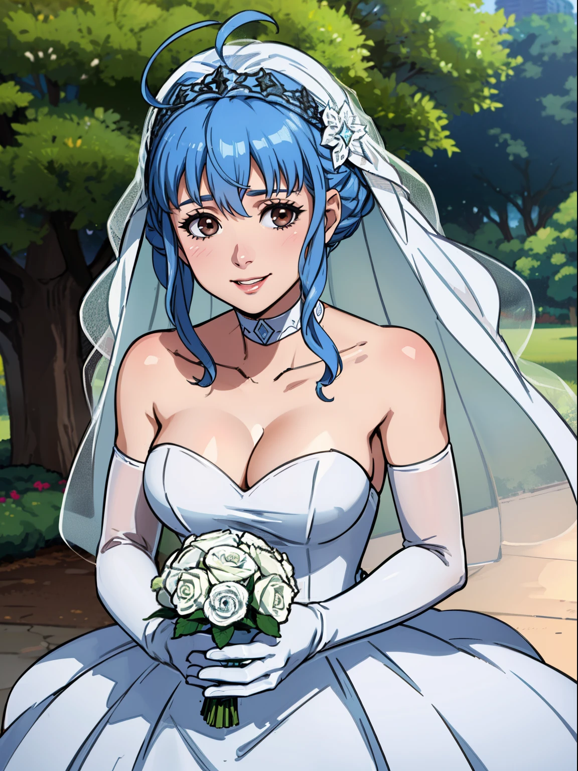 marianne von edmund, blue hair, brown eyes, hair between eyes, ahoge, hair ornament, gloves, dress, cleavage, bare shoulders, collarbone, white oprea gloves, white gloves, white dress, strapless, white choker, tiara, veil, strapless dress, wedding dress, bridal veil, beautiful woman, perfect body, perfect breasts, wearing a wedding dress, ball gown, in the park trees, wedding decorations, looking at the viewer, smile, realism, masterpiece, textured skin, super detail, high detail, high quality, best quality, 1080p,