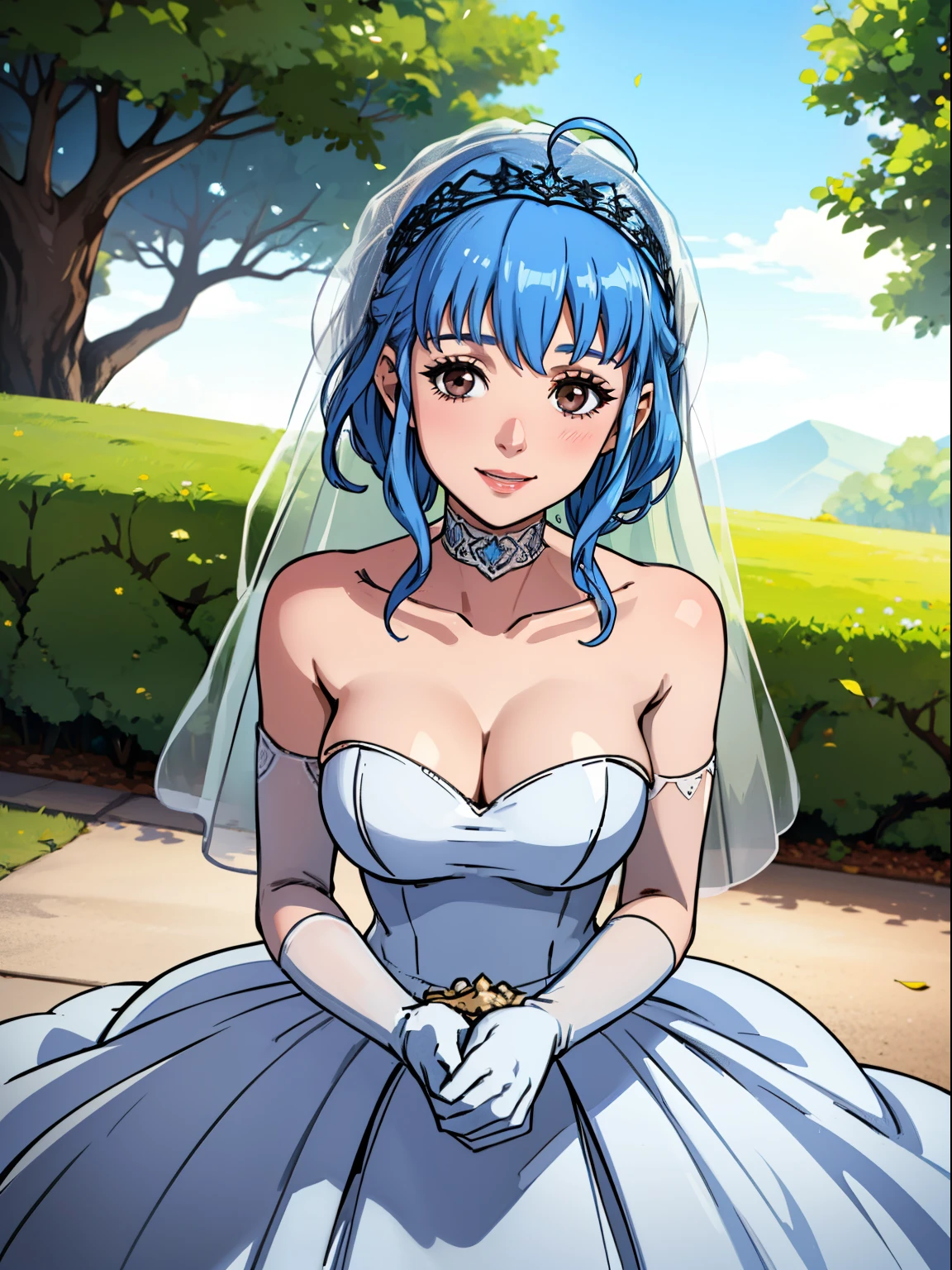 marianne von edmund, blue hair, brown eyes, hair between eyes, ahoge, hair ornament, gloves, dress, cleavage, bare shoulders, collarbone, white oprea gloves, white gloves, white dress, strapless, white choker, tiara, veil, strapless dress, wedding dress, bridal veil, beautiful woman, perfect body, perfect breasts, wearing a wedding dress, ball gown, in the park trees, wedding decorations, looking at the viewer, smile, realism, masterpiece, textured skin, super detail, high detail, high quality, best quality, 1080p,