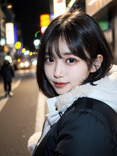 (masterpiece, best quality, photo realistic, official art:1.4), (UHD, 8K quality wallpaper, High resolution, raw photo, film grain:1.2), (shiny skin), professional lighting, physically-based rendering, Award-winning, highly detailed skin, (extremely detailed face and eyes, clear pupils), Carl Zeiss 85 mm F/1.4, depth of field, BREAK, 1girl, solo, kawaii 24-year-old Korean girl, (Nogizaka idol:0.7), (Korean idol:0.9), (glossy straight black hair, pixie cut, bangs:1.3), rounded face, single eyelid, (soft smiling, closed mouth:1.3), (wearing thick down jacket:1.3), (skinny jeans, sneakers:0.7), (breasts emphasized, well shaped medium breasts:0.8), (looking at viewer), BREAK, at a street in Seoul, winter night, moonlight, (seductive posing, dynamic angle:1.3), upper body shot,