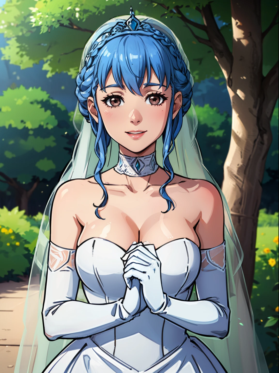 marianne von edmund, blue hair, brown eyes, hair between eyes, ahoge, hair ornament, gloves, dress, cleavage, bare shoulders, collarbone, white oprea gloves, white gloves, white dress, strapless, white choker, tiara, veil, strapless dress, wedding dress, bridal veil, beautiful woman, perfect body, perfect breasts, wearing a wedding dress, ball gown, in the park trees, wedding decorations, looking at the viewer, smile, realism, masterpiece, textured skin, super detail, high detail, high quality, best quality, 1080p,