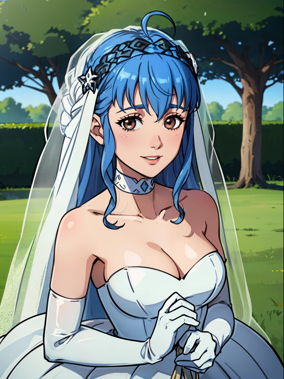 marianne von edmund, blue hair, brown eyes, hair between eyes, ahoge, hair ornament, gloves, dress, cleavage, bare shoulders, collarbone, white oprea gloves, white gloves, white dress, strapless, white choker, tiara, veil, strapless dress, wedding dress, bridal veil, beautiful woman, perfect body, perfect breasts, wearing a wedding dress, ball gown, in the park trees, wedding decorations, looking at the viewer, smile, realism, masterpiece, textured skin, super detail, high detail, high quality, best quality, 1080p,