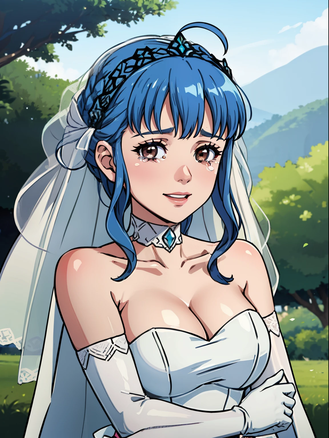 marianne von edmund, blue hair, brown eyes, hair between eyes, ahoge, hair ornament, gloves, dress, cleavage, bare shoulders, collarbone, white oprea gloves, white gloves, white dress, strapless, white choker, tiara, veil, strapless dress, wedding dress, bridal veil, beautiful woman, perfect body, perfect breasts, wearing a wedding dress, ball gown, in the park trees, wedding decorations, looking at the viewer, smile, tears of joy, realism, masterpiece, textured skin, super detail, high detail, high quality, best quality, 1080p,