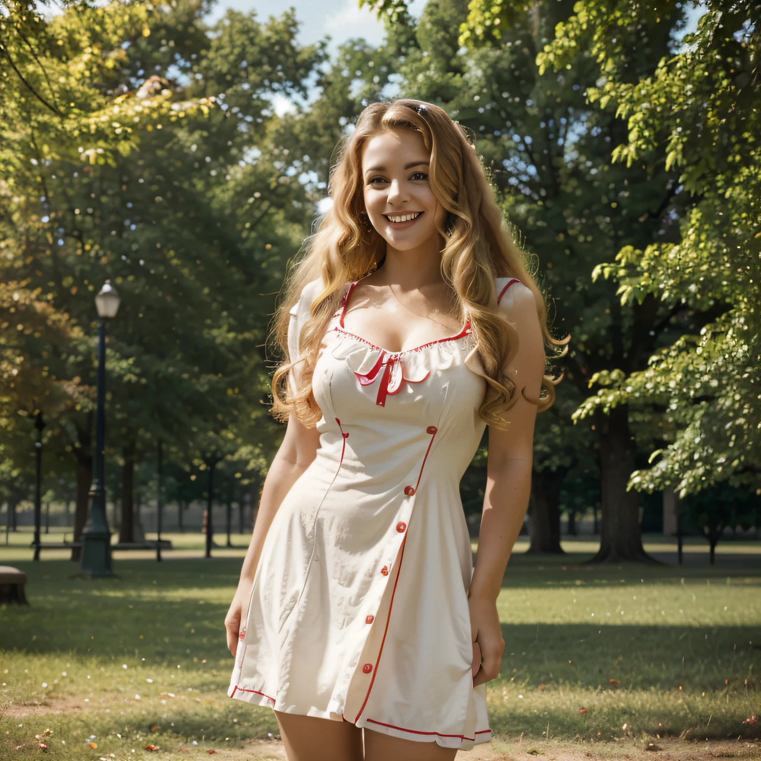 Beautiful girl about 20., blond long curly hair, in a red and white dress in retro style, pretty. A girl stands in the middle of the park and smiles. Soft daylight, Sunny weather, Cinematic, Highest Quality, high detail, hyper realisitc, cinematic quality, high detail,