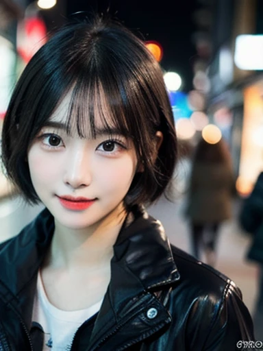 (masterpiece, best quality, photo realistic, official art:1.4), (UHD, 8K quality wallpaper, High resolution, raw photo, film grain:1.2), (shiny skin), professional lighting, physically-based rendering, Award-winning, highly detailed skin, (extremely detailed face and eyes, clear pupils), Carl Zeiss 85 mm F/1.4, depth of field, BREAK, 1girl, solo, kawaii 24-year-old Korean girl, (Nogizaka idol:0.7), (Korean idol:0.9), (glossy straight black hair, pixie cut, bangs:1.3), rounded face, single eyelid, (soft smiling, closed mouth:1.3), (wearing light down jacket:1.3), (skinny jeans, sneakers:0.7), (breasts emphasized, well shaped medium breasts:0.8), (looking at viewer), BREAK, at a street in Seoul, winter night, moonlight, (seductive posing, dynamic angle:1.3), upper body shot,