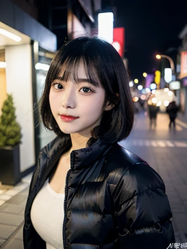 (masterpiece, best quality, photo realistic, official art:1.4), (UHD, 8K quality wallpaper, High resolution, raw photo, film grain:1.2), (shiny skin), professional lighting, physically-based rendering, Award-winning, highly detailed skin, (extremely detailed face and eyes, clear pupils), Carl Zeiss 85 mm F/1.4, depth of field, BREAK, 1girl, solo, kawaii 24-year-old Korean girl, (Nogizaka idol:0.7), (Korean idol:0.9), (glossy straight black hair, pixie cut, bangs:1.3), rounded face, single eyelid, (soft smiling, closed mouth:1.3), (wearing light down jacket:1.3), (skinny jeans, sneakers:0.7), (breasts emphasized, well shaped medium breasts:0.8), (looking at viewer), BREAK, at a street in Seoul, winter night, moonlight, (seductive posing, dynamic angle:1.3), upper body shot,