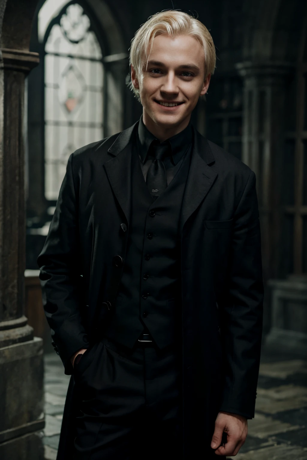 Draco malfoy, adult, smiling, black outfit