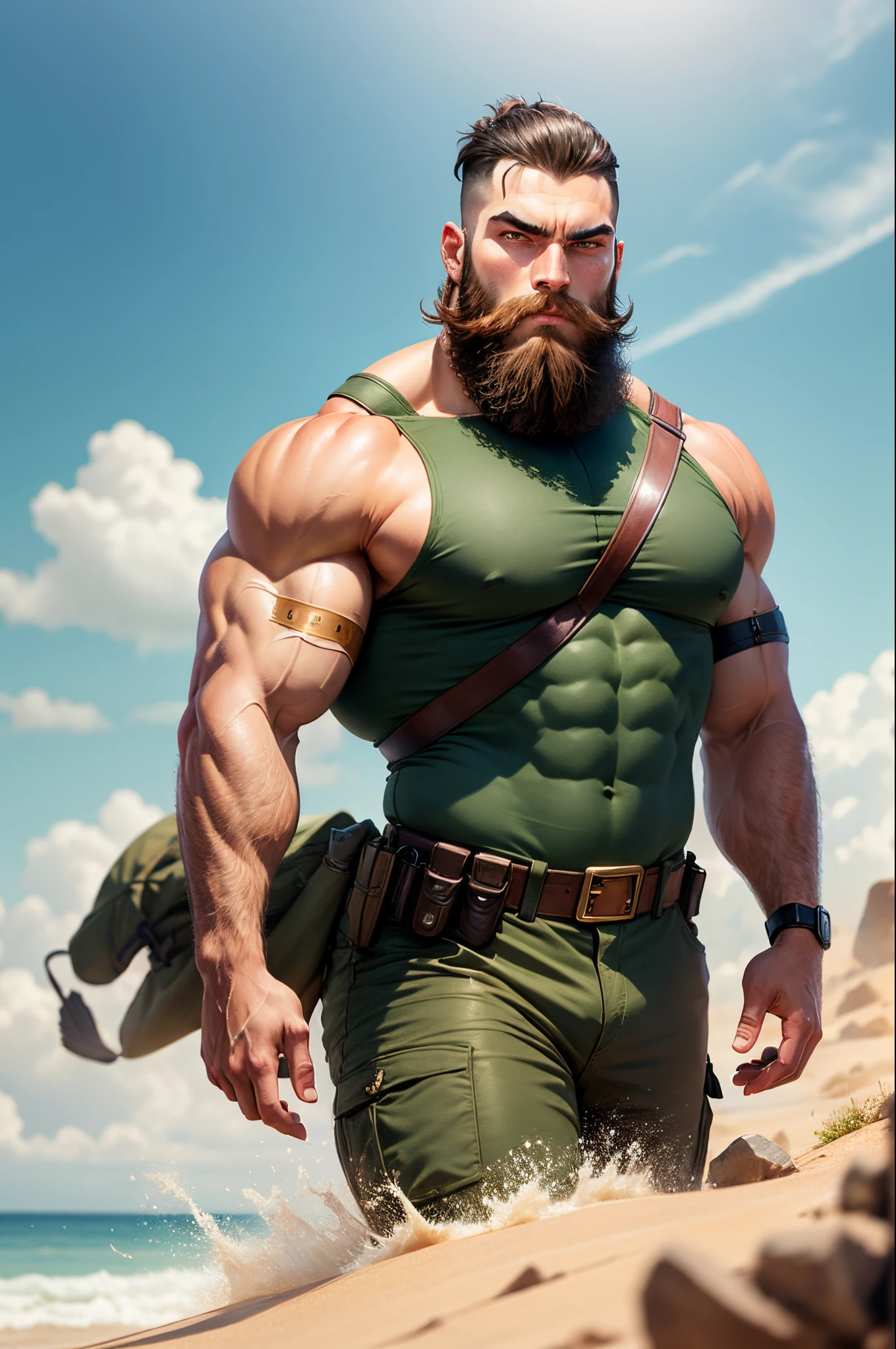 Muscular character with beard looking like an army soldier